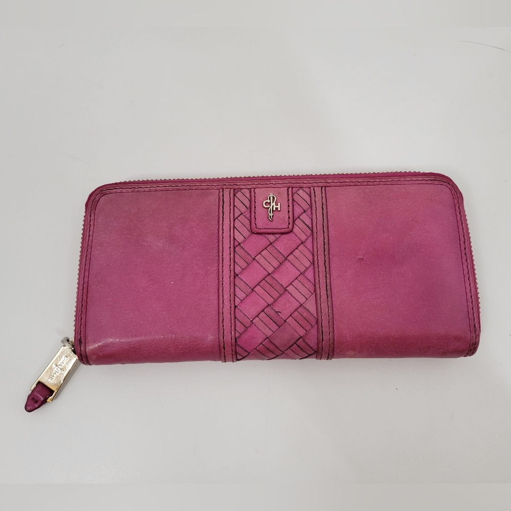 Cole Haan Pink Woven Leather Zip Around Clutch Wallet